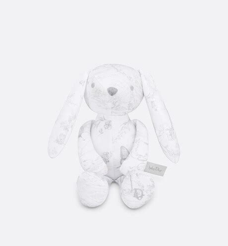 Rabbit Stuffed Toy White Cotton Satin with Gray Toile de Jouy 